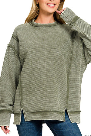 Zenana Autumn Afternoons Dark Olive Acid Wash Ribbed Pullover - Wholesale Accessory Market