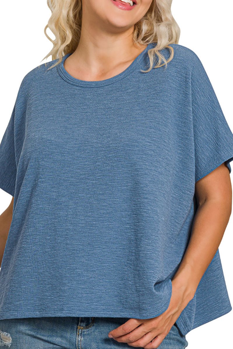 Zenana Plus Size Effortless Edge Dusty Blue Oversized Slub Tee - Wholesale Accessory Market