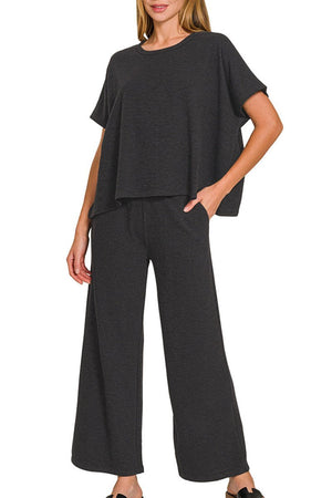 Zenana Off The Clock Black Cotton Slub Top & Pants Set - Wholesale Accessory Market