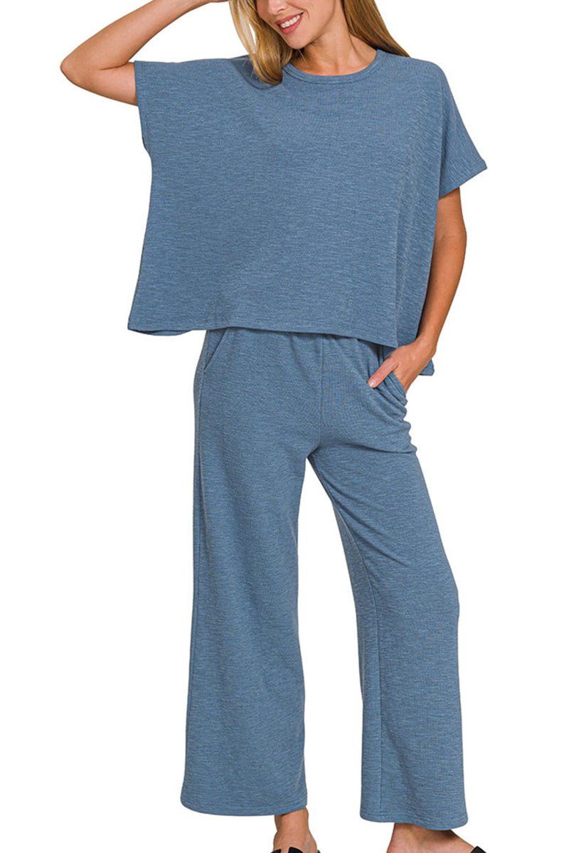 Zenana Off The Clock Dusty Blue Cotton Slub Top & Pants Set - Wholesale Accessory Market