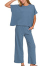 Zenana Off The Clock Dusty Blue Cotton Slub Top & Pants Set - Wholesale Accessory Market