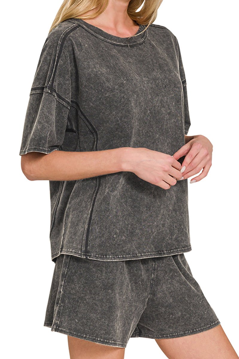 Zenana Hemlock Falls Ash Black Acid Wash Tee & Shorts Set - Wholesale Accessory Market