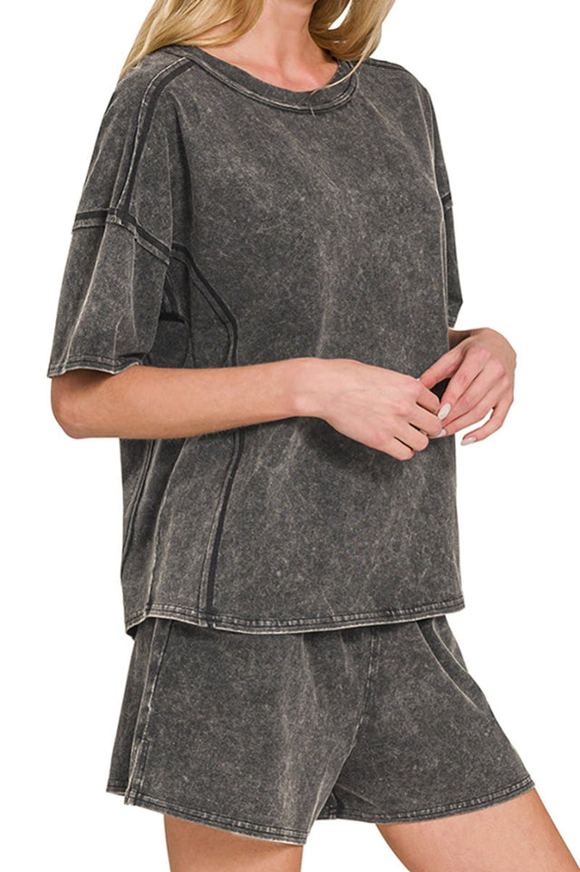 Zenana Hemlock Falls Ash Black Acid Wash Tee & Shorts Set - Wholesale Accessory Market