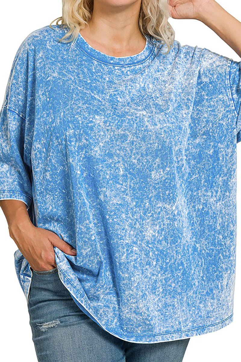 Zenana Plus Size Take It Easy Ocean Blue Acid Wash Boyfriend Tee - Wholesale Accessory Market