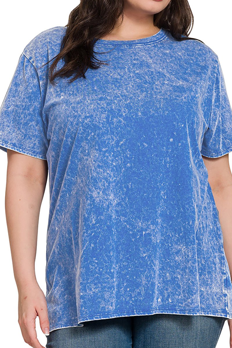 Zenana Plus Size Summer Soundtrack Classic Blue Washed Top - Wholesale Accessory Market