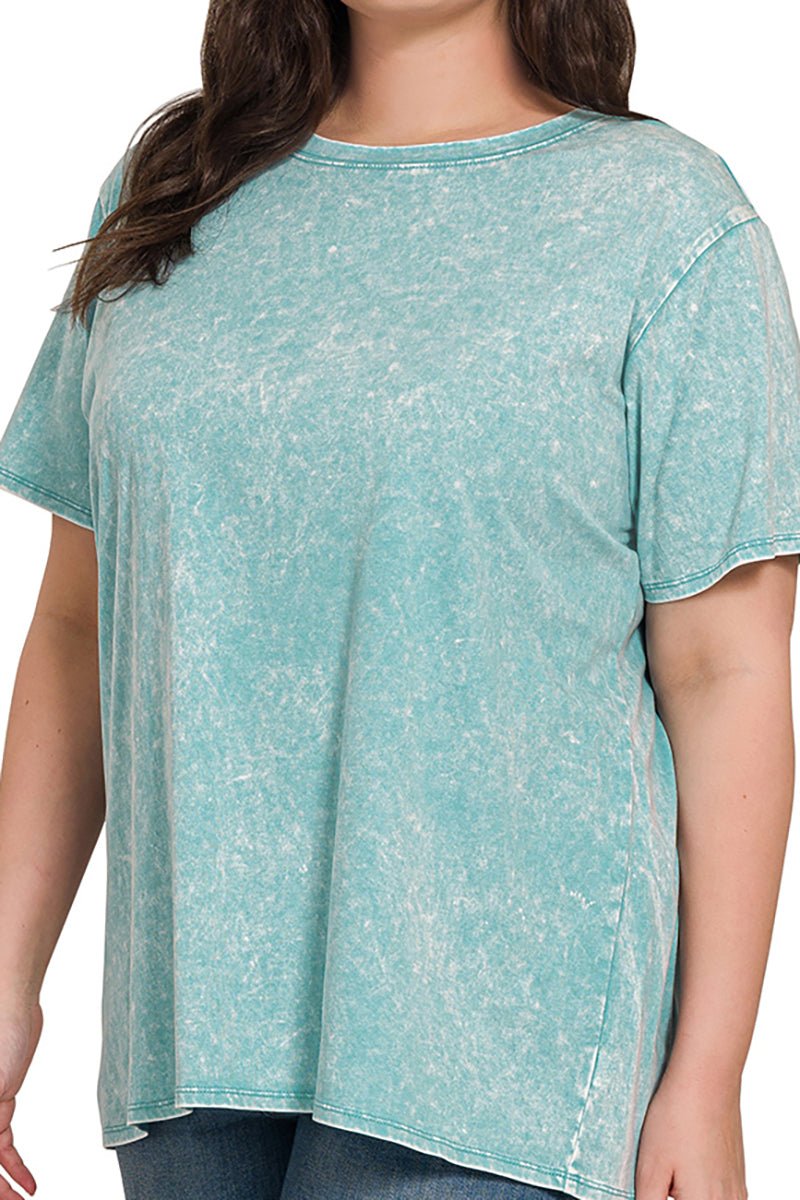 Zenana Plus Size Summer Soundtrack Dusty Teal Washed Top - Wholesale Accessory Market