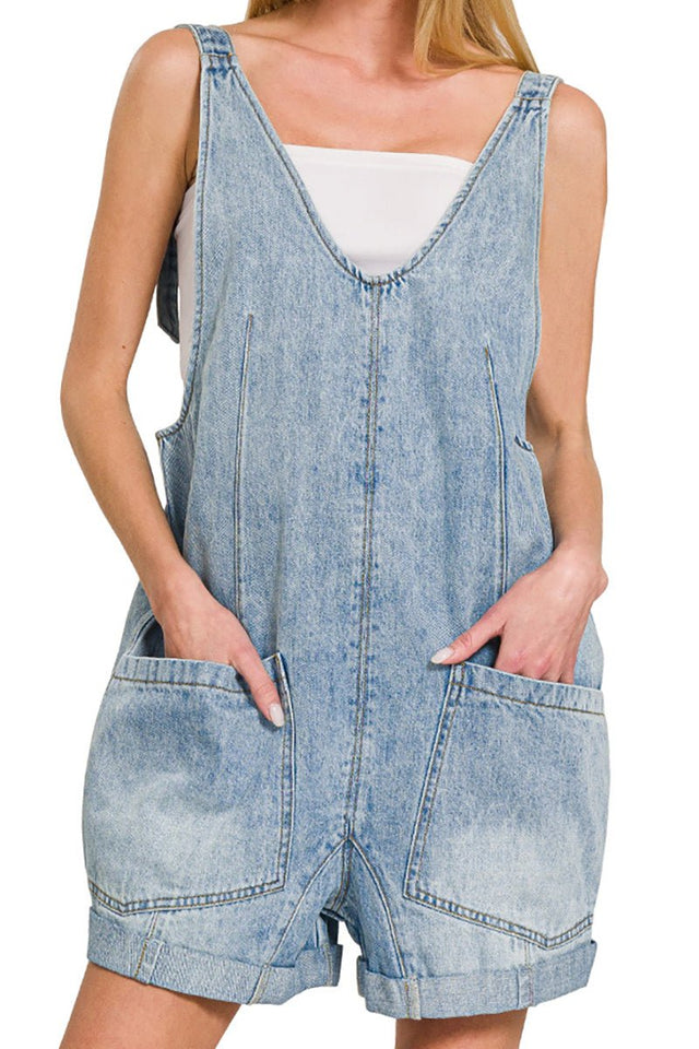 Zenana Laguna Beach Light Denim Short Overalls - Wholesale Accessory Market