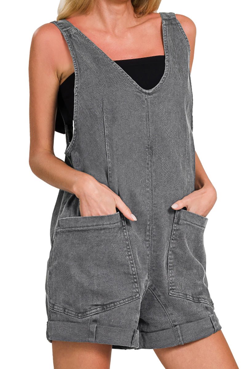 Zenana Sunkissed Days Ash Black Washed Denim Romper - Wholesale Accessory Market
