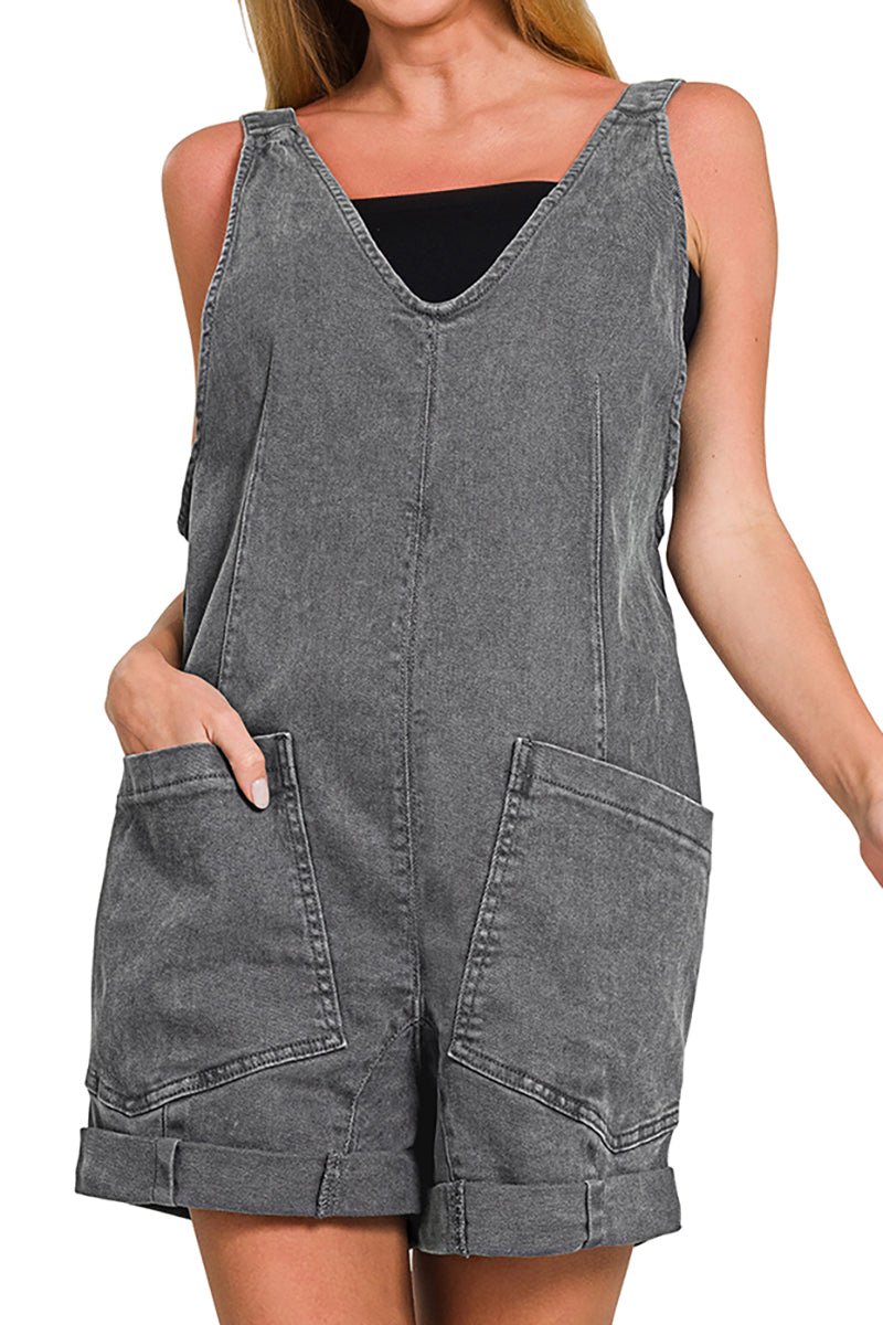 Zenana Sunkissed Days Ash Black Washed Denim Romper - Wholesale Accessory Market