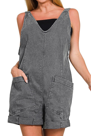 Zenana Sunkissed Days Ash Black Washed Denim Romper - Wholesale Accessory Market