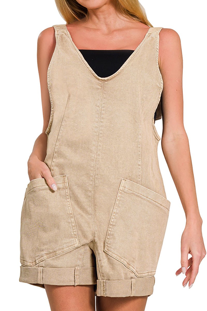 Zenana Sunkissed Days Ash Mocha Washed Denim Romper - Wholesale Accessory Market
