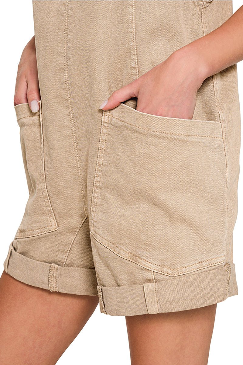 Zenana Sunkissed Days Ash Mocha Washed Denim Romper - Wholesale Accessory Market
