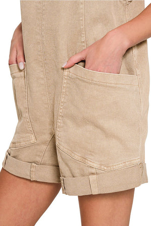 Zenana Sunkissed Days Ash Mocha Washed Denim Romper - Wholesale Accessory Market