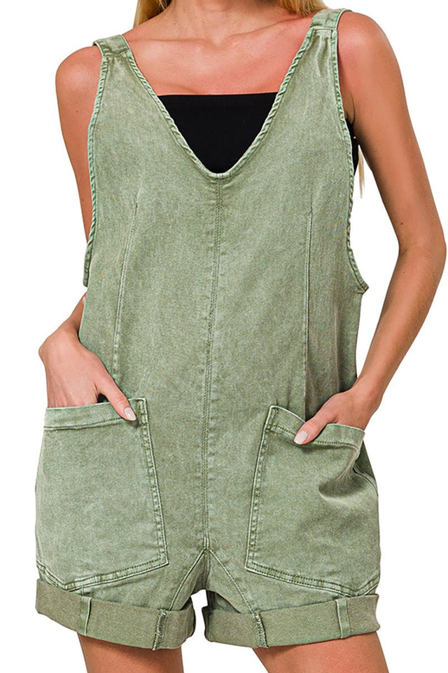 Zenana Sunkissed Days Olive Washed Denim Romper - Wholesale Accessory Market