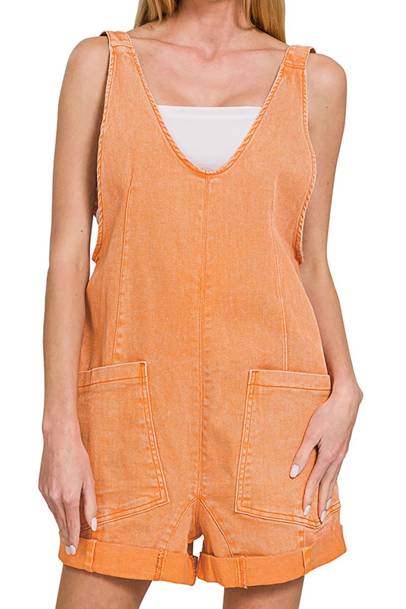 Zenana Sunkissed Days Orange Washed Denim Romper - Wholesale Accessory Market