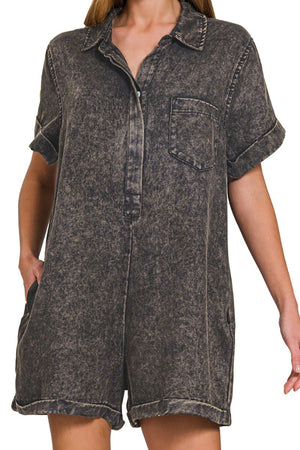 Zenana Daydreamer Ash Black Tencel Mineral Washed Romper - Wholesale Accessory Market