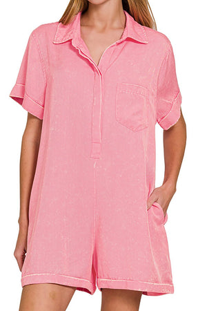 Zenana Daydreamer Dark Pink Tencel Mineral Washed Romper - Wholesale Accessory Market