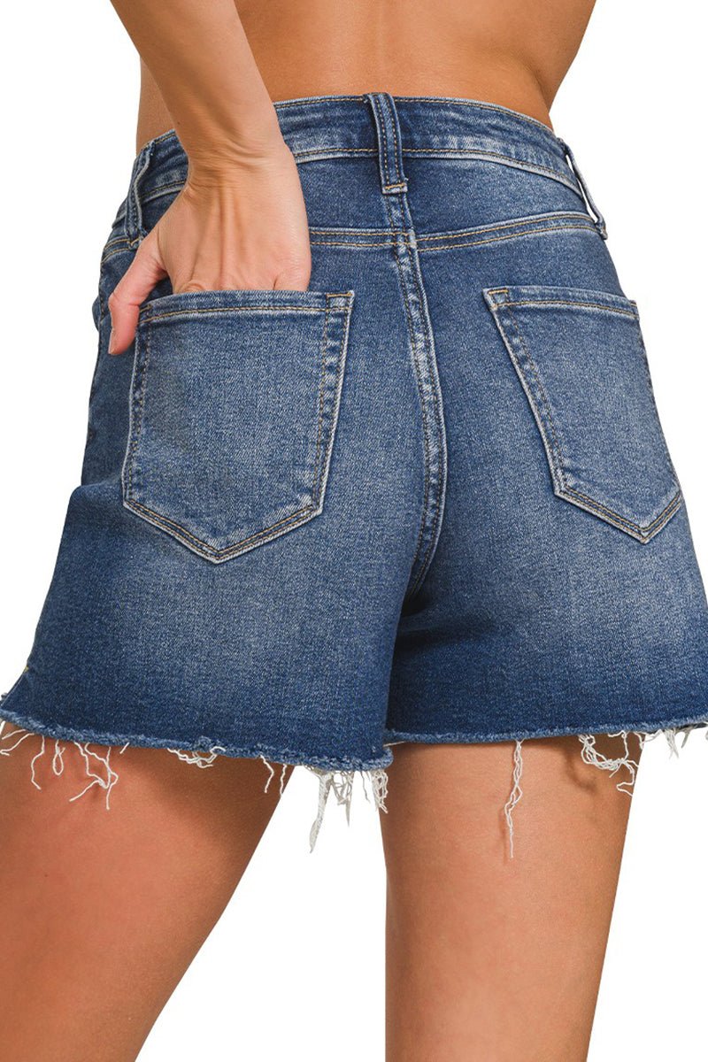 Zenana Maryann Dark Wash Distressed Hem Denim Shorts - Wholesale Accessory Market