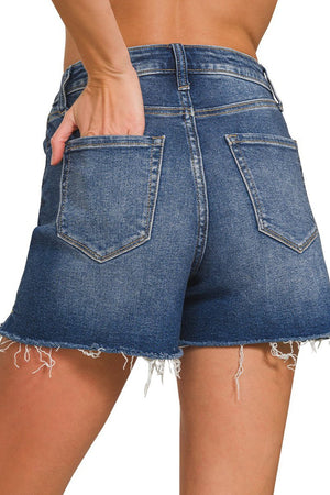 Zenana Maryann Dark Wash Distressed Hem Denim Shorts - Wholesale Accessory Market