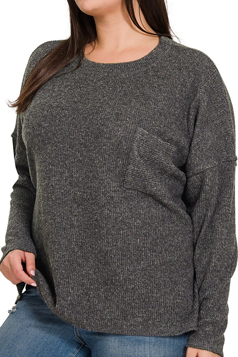 Zenana Plus Size Fireside Fab Black Ribbed Hacci Sweater - Wholesale Accessory Market
