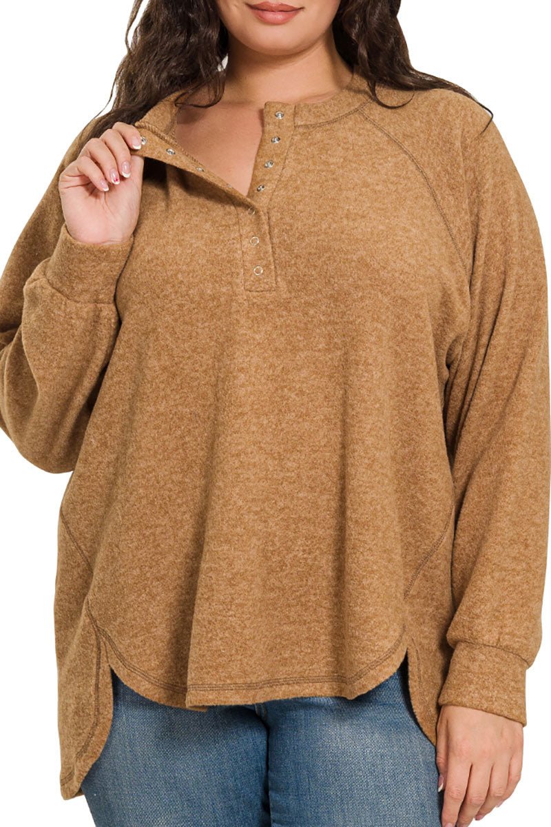 Zenana Plus Size November Nights Deep Camel Brushed Hacci Henley Sweater - Wholesale Accessory Market