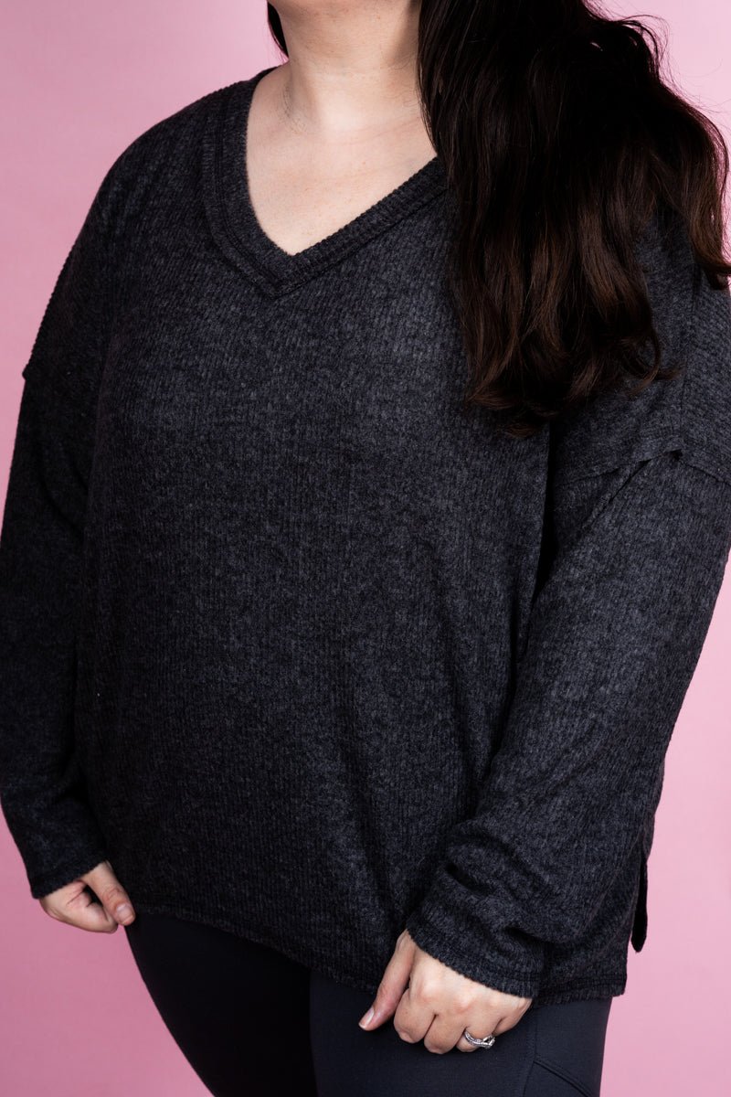 Zenana Plus Size Charmed Life Black Ribbed V - Neck Sweater - Wholesale Accessory Market
