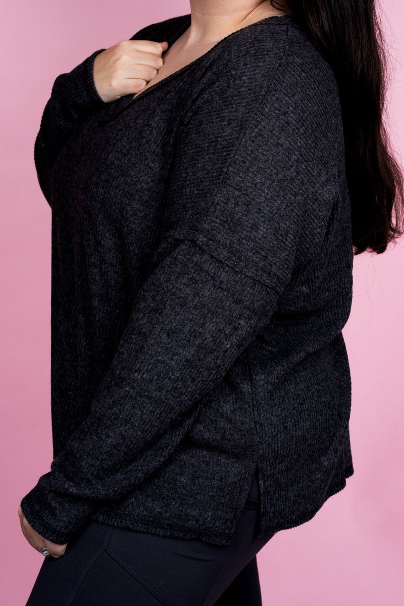 Zenana Plus Size Charmed Life Black Ribbed V - Neck Sweater - Wholesale Accessory Market