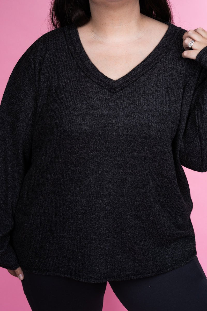 Zenana Plus Size Charmed Life Black Ribbed V - Neck Sweater - Wholesale Accessory Market