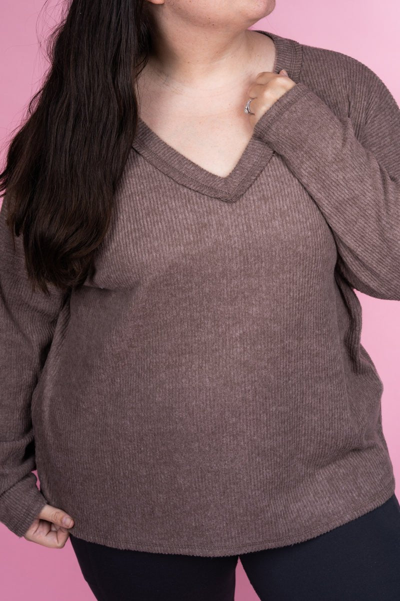 Zenana Plus Size Charmed Life Mocha Ribbed V - Neck Sweater - Wholesale Accessory Market
