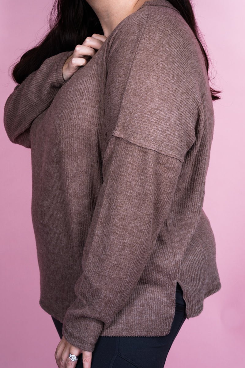 Zenana Plus Size Charmed Life Mocha Ribbed V - Neck Sweater - Wholesale Accessory Market