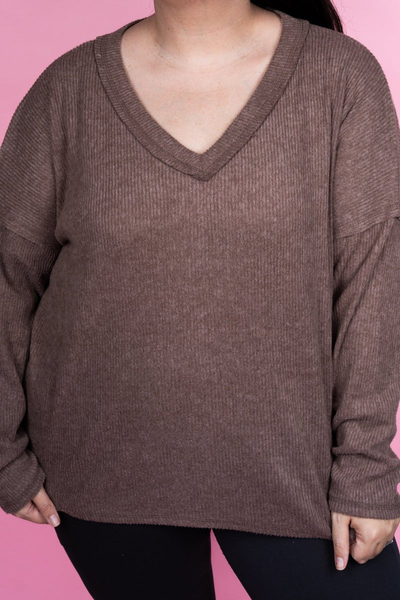 Zenana Plus Size Charmed Life Mocha Ribbed V - Neck Sweater - Wholesale Accessory Market