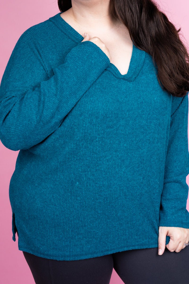 Zenana Plus Size Charmed Life Teal Ribbed V - Neck Sweater - Wholesale Accessory Market