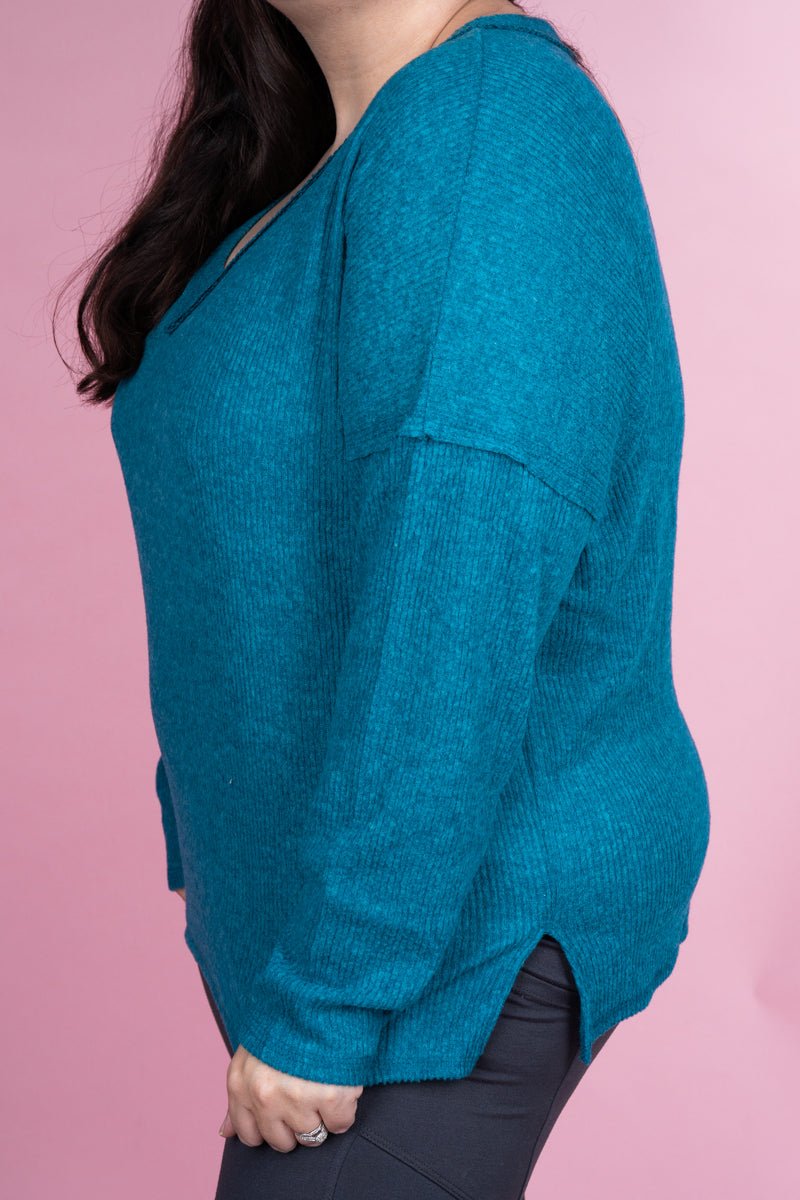 Zenana Plus Size Charmed Life Teal Ribbed V - Neck Sweater - Wholesale Accessory Market