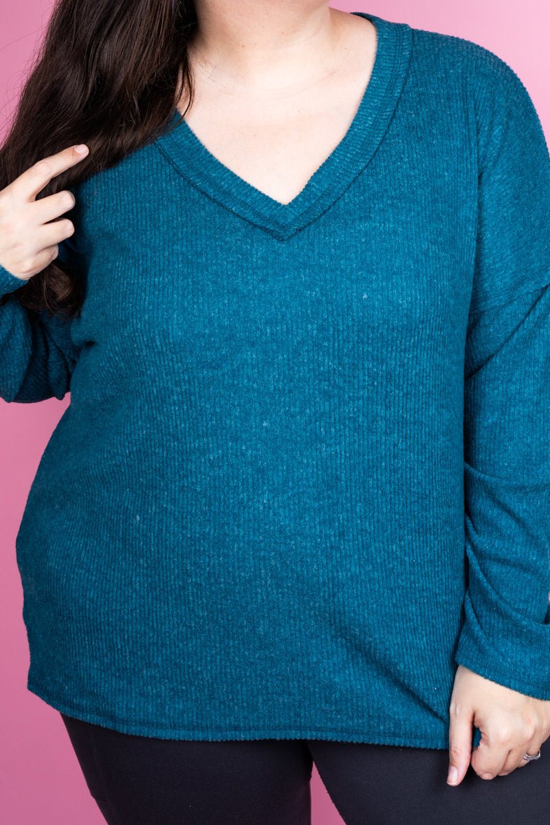 Zenana Plus Size Charmed Life Teal Ribbed V - Neck Sweater - Wholesale Accessory Market