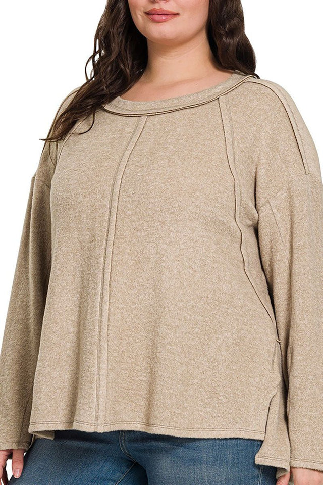 Zenana Plus Size Arctic Aura Ash Mocha Brushed Hacci Sweater - Wholesale Accessory Market