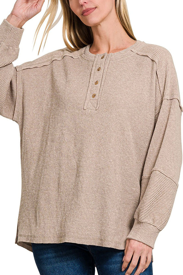 Zenana Frosty Feels Ash Mocha Brushed Hacci Henley Sweater - Wholesale Accessory Market