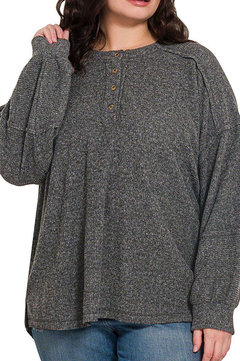 Zenana Plus Size Frosty Feels Black Brushed Hacci Henley Sweater - Wholesale Accessory Market