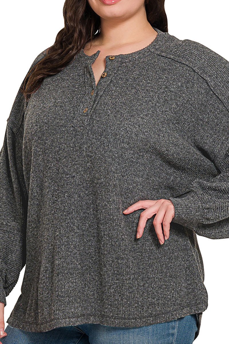 Zenana Plus Size Frosty Feels Black Brushed Hacci Henley Sweater - Wholesale Accessory Market