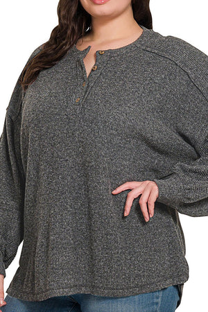 Zenana Plus Size Frosty Feels Black Brushed Hacci Henley Sweater - Wholesale Accessory Market