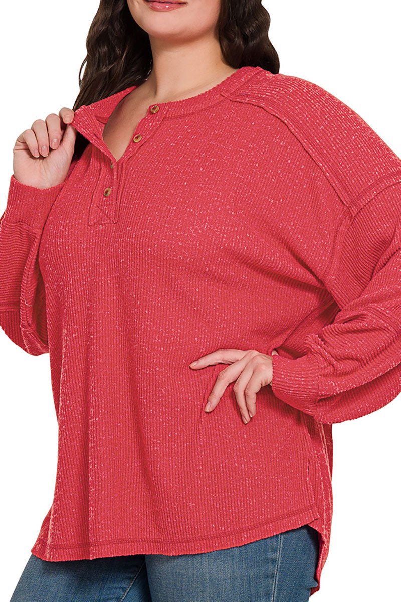 Zenana Plus Size Frosty Feels Dark Red Brushed Hacci Henley Sweater - Wholesale Accessory Market