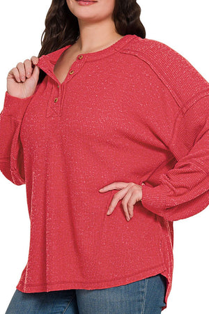 Zenana Plus Size Frosty Feels Dark Red Brushed Hacci Henley Sweater - Wholesale Accessory Market