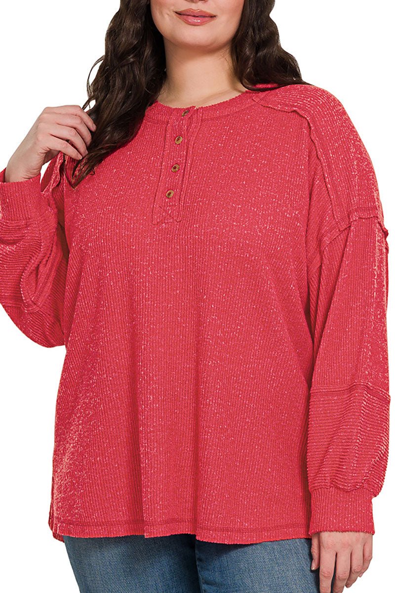 Zenana Plus Size Frosty Feels Dark Red Brushed Hacci Henley Sweater - Wholesale Accessory Market