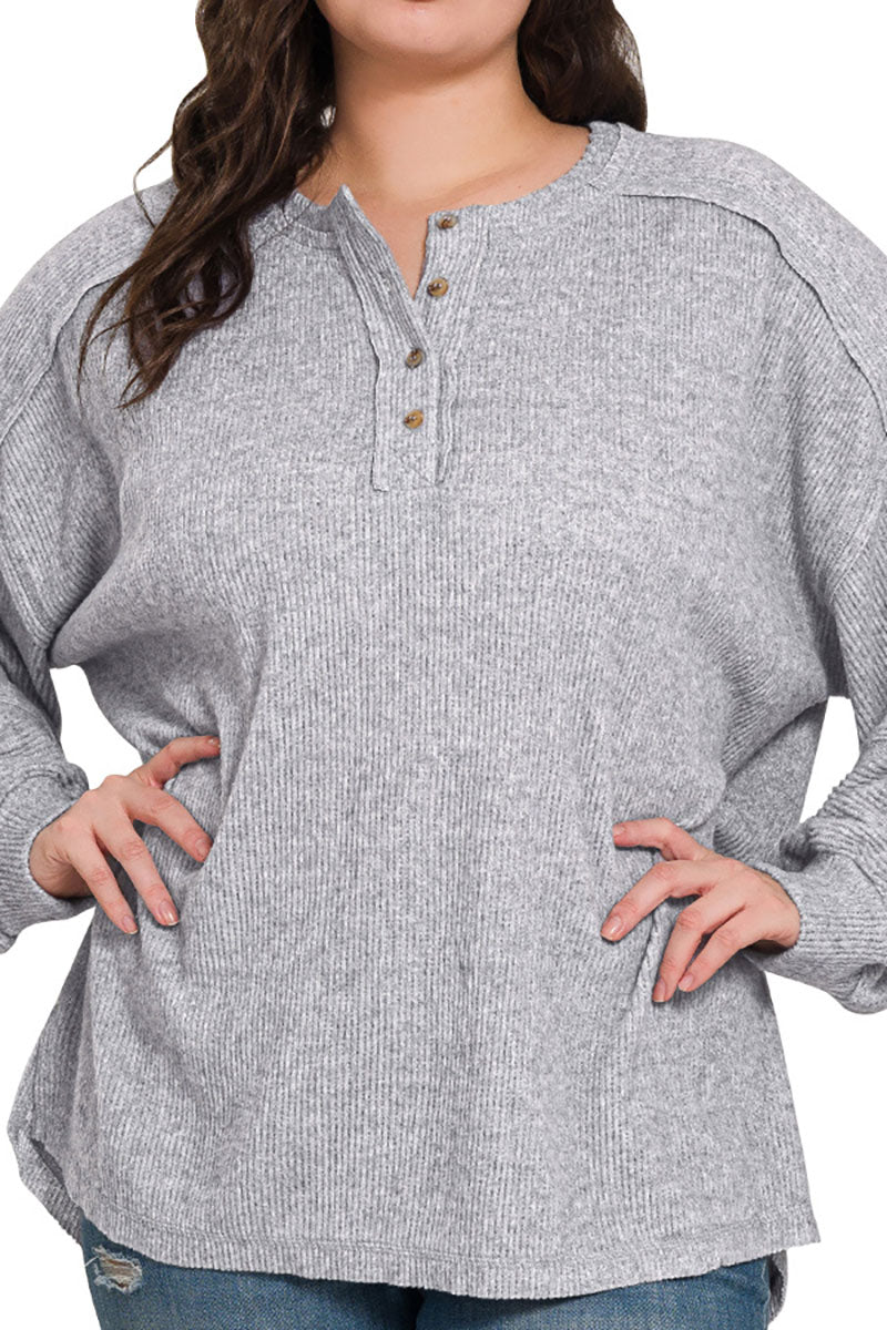 Zenana Plus Size Frosty Feels Heather Gray Brushed Hacci Henley Sweater - Wholesale Accessory Market