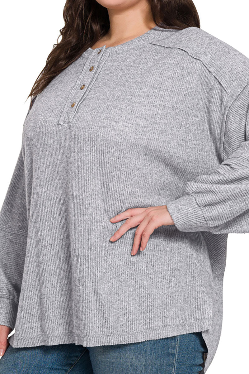 Zenana Plus Size Frosty Feels Heather Gray Brushed Hacci Henley Sweater - Wholesale Accessory Market