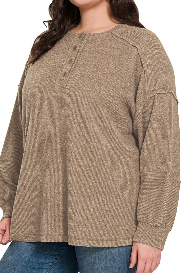 Zenana Plus Size Frosty Feels Mocha Brushed Hacci Henley Sweater - Wholesale Accessory Market