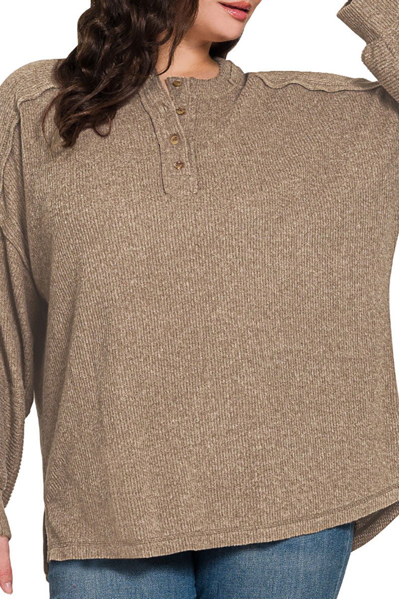 Zenana Plus Size Frosty Feels Mocha Brushed Hacci Henley Sweater - Wholesale Accessory Market
