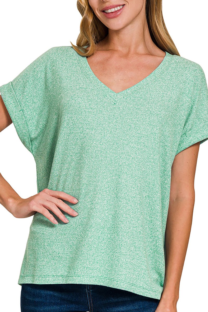 Zenana Catalina Kelly Green Melange Hacci V - Neck Tee - Wholesale Accessory Market