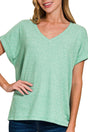 Zenana Catalina Kelly Green Melange Hacci V - Neck Tee - Wholesale Accessory Market