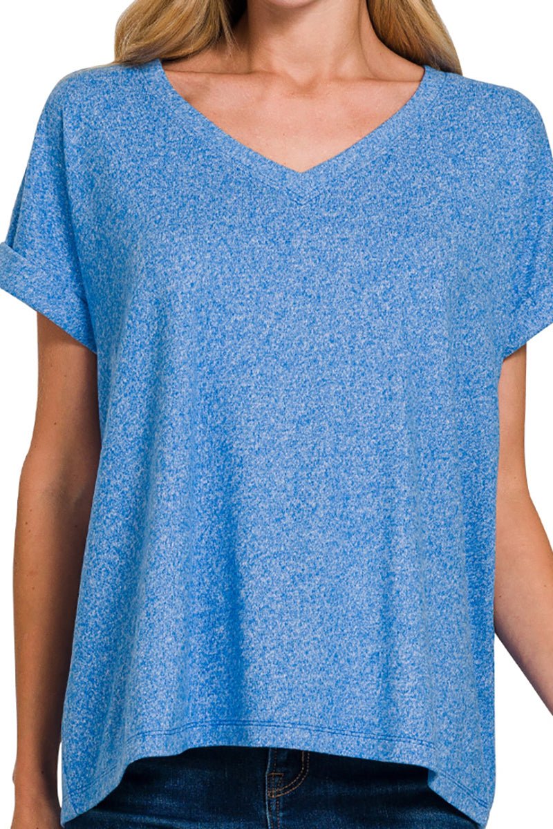 Zenana Catalina Ocean Blue Melange Hacci V - Neck Tee - Wholesale Accessory Market