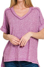 Zenana Breezing Through Light Plum Melange Hacci Hi - Low V - Neck Tee - Wholesale Accessory Market